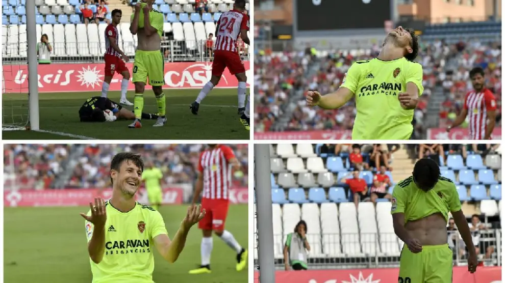 Varios de los gestos de Gual el pasado domingo en Almería a la conclusión de varias jugadas de ataque del Real Zaragoza.