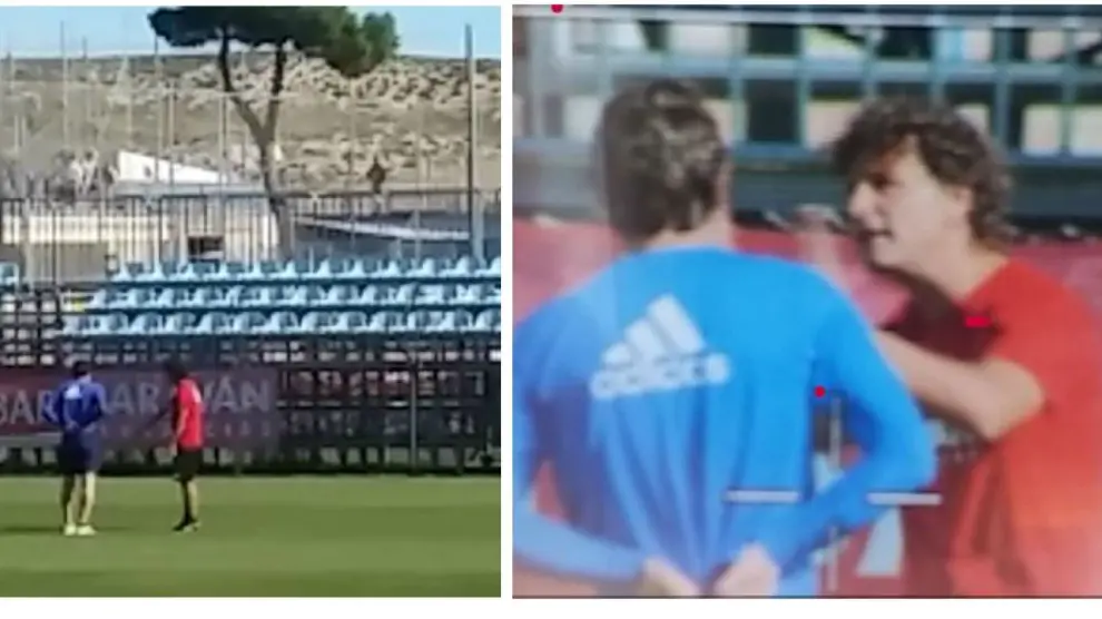 Dos capturas de vídeo del momento de la charla entre Idiakez y Cristian Álvarez esta mañana de domingo tras la derrota ante el Lugo.