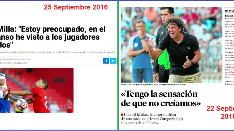 Reseñas de Heraldo de Aragón de las ruedas de prensa de Milla, hace dos años en Soria, y la de Idiakez, este sábado en La Romareda.