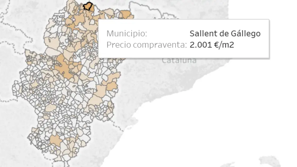 Precio unitario de compraventa por municipio en Aragón