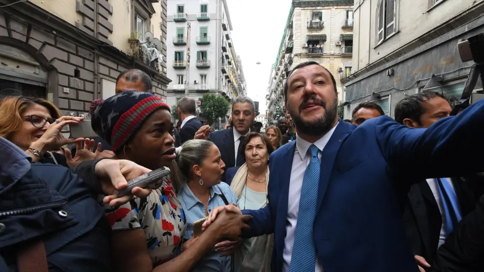 El ministro del Interior y vicepresidente del Gobierno italiano, Matteo Salvini, en Nápoles