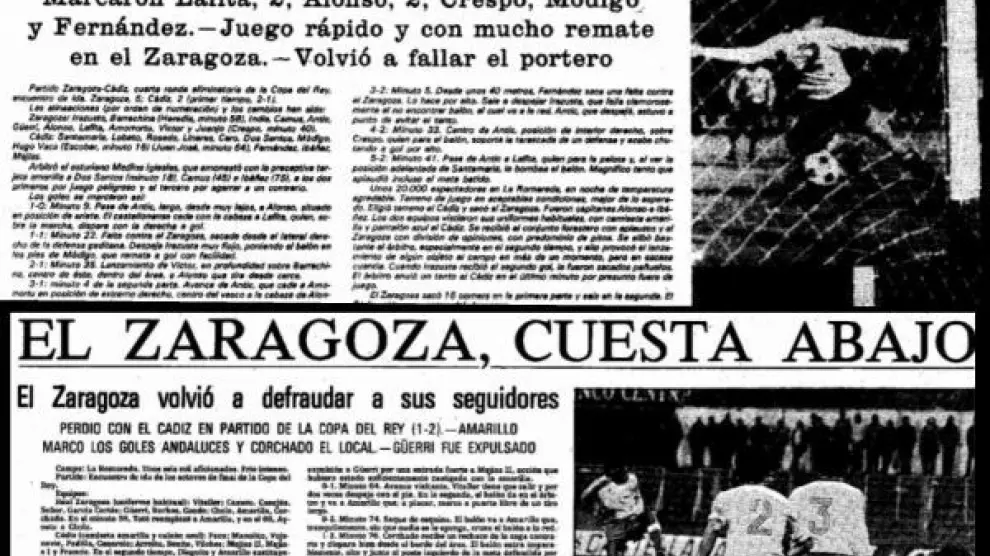 Encabezamientos de las crónicas de las dos veces que Real Zaragoza y Cádiz jugaron la Copa en La Romareda antes de esta noche de octubre de 2018.