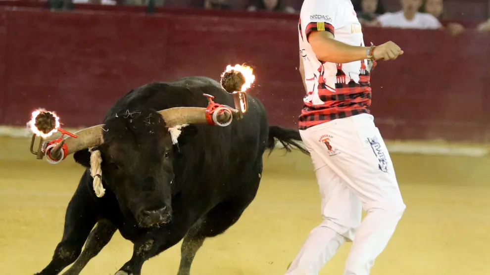 Quiebro del turolense 'Josete' en la fase previa del concurso de recortes con toros embolados, en el que resultó cogido en la final.
