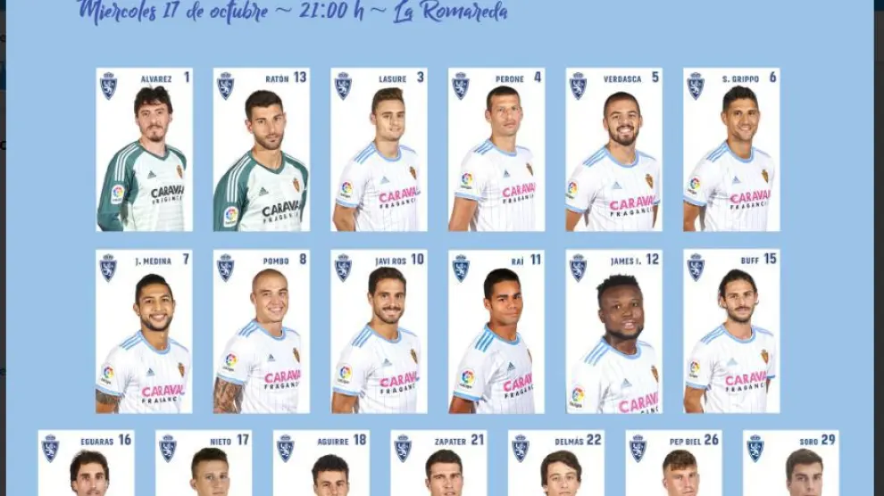 Lista de 19 convocados para el Real Zaragoza-Cádiz de Copa de este miércoles.
