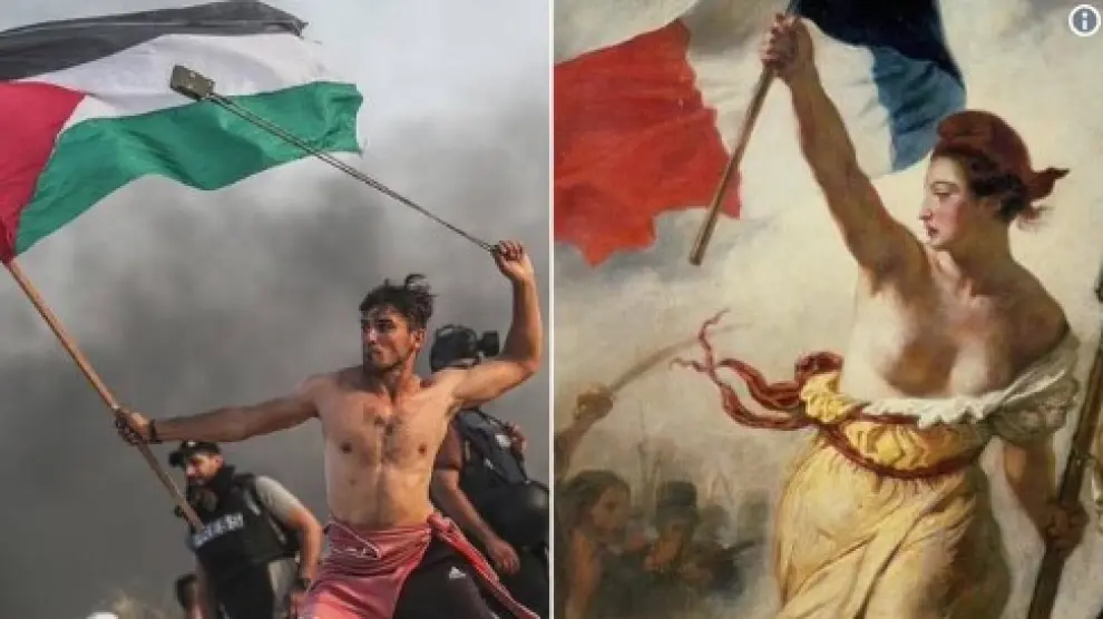 Un joven palestino, el pasado lunes. A la derecha, la 'Libertad guiando al pueblo', de Delacroix.