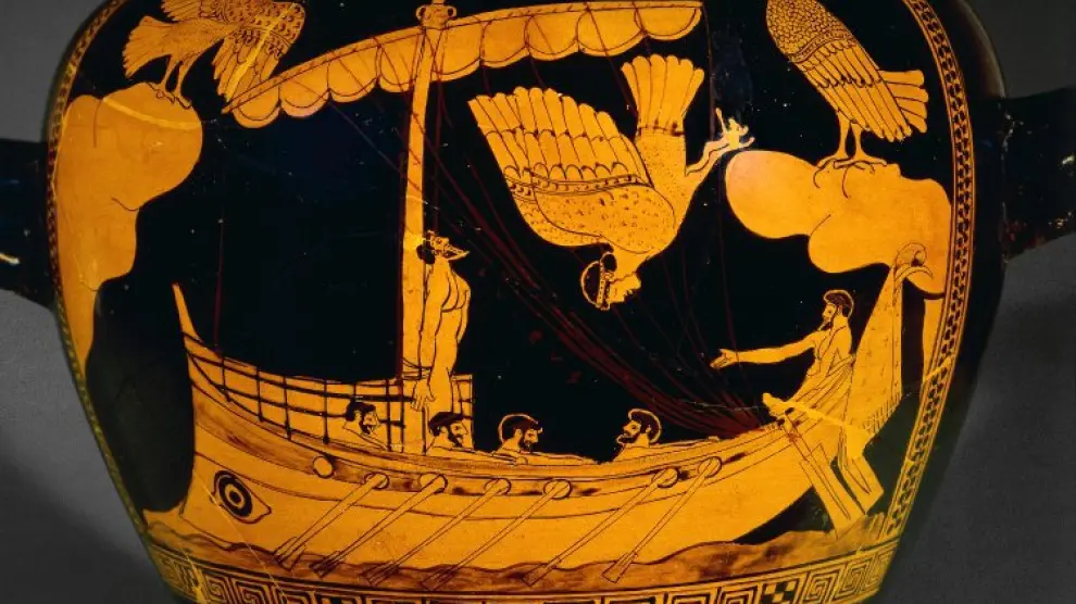 Pintura del 'The Siren Vase', con Ulises atado al mástil de un barco similar al hallado en el Mar Negro.