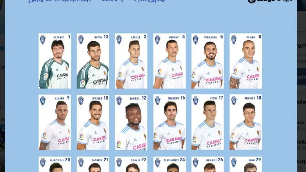 Lista de 18 convocados del Real Zaragoza para jugar este lunes en Tarragona.