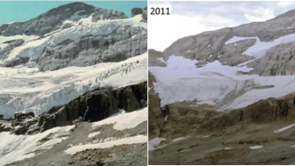 Imagen del glaciar de Monte Perdido en verano de 1981 y en 2011.