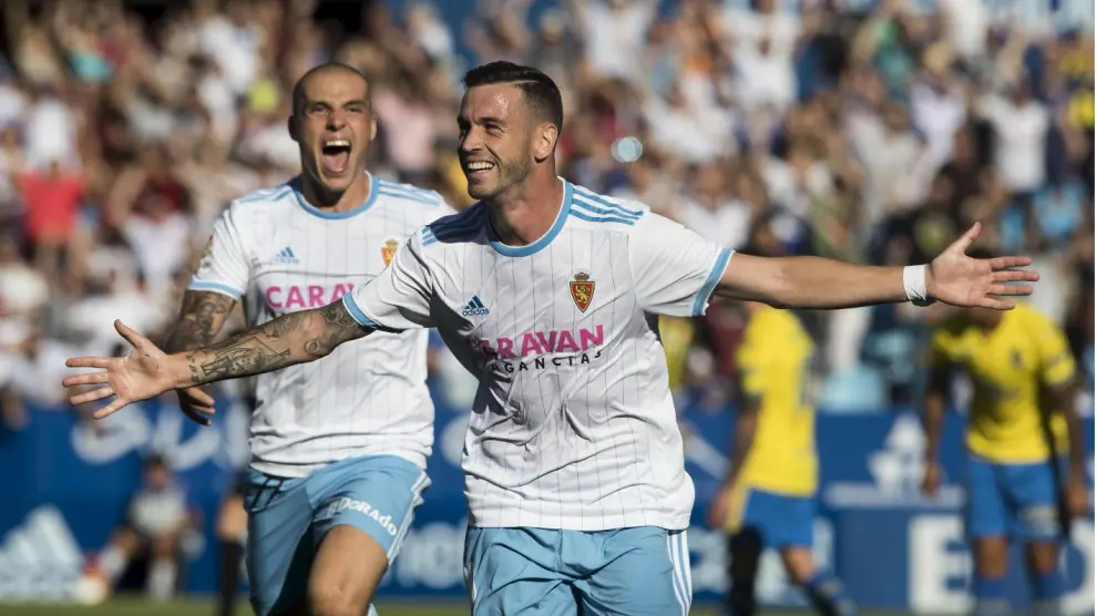 Álvaro Vázquez celebra el gol marcado a Las Palmas el 1 de septiembre, hace casi 3 meses en La Romareda.