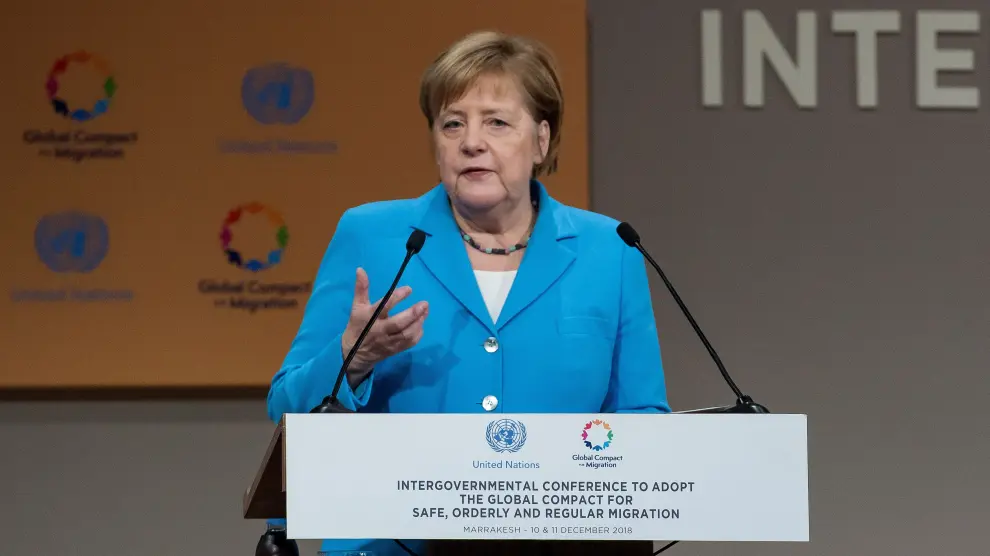 La canciller alemana, Angela Merkel, durante la cumbre migratoria de Marrakech.