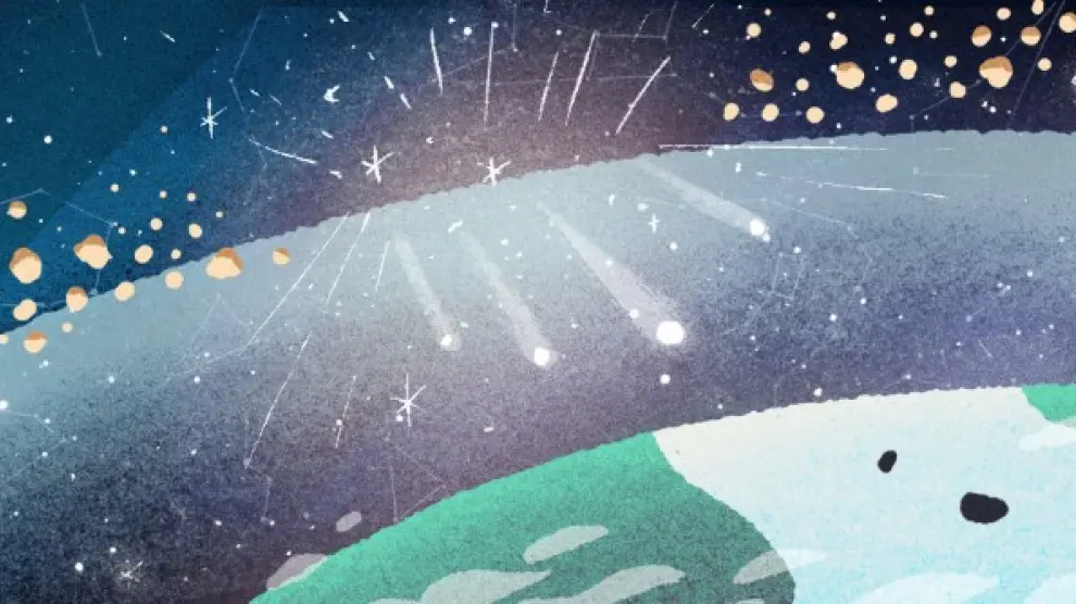 Representación de la lluvia de Gemínidas, doodle de Google con motivo de los meteoros que podrán verse esta noche del 13 al 14 de diciembre en el cielo.