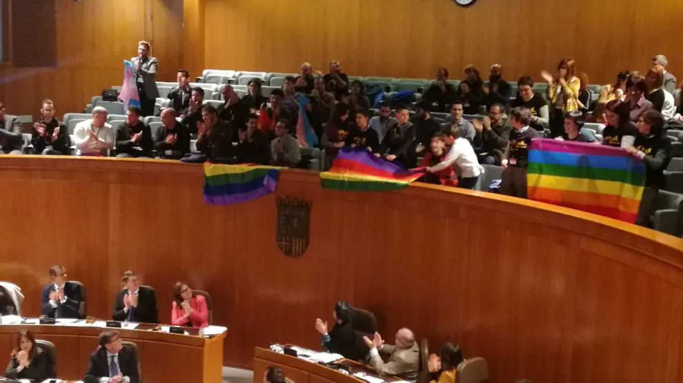 Los colectivos LGTBI han acogido la aprobación de la ley con aplausos y el despliegue de banderas multicolores en la tribuna de las Cortes.