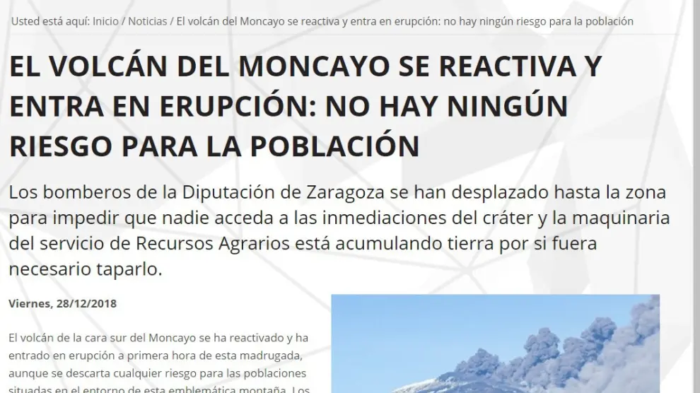 'El Moncayo entra en erupción', inocentada de la DPZ