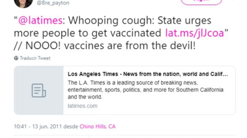 Uno de los tuits donde Bre Pyton dejaba constancia de su animadversión por las vacunas.