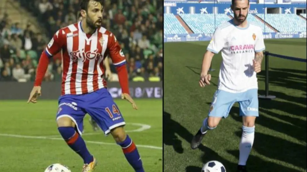 Guitián, con la camiseta del Sporting de Gijón en una de sus dos etapas en el club asturiano (izda.) y en su reciente llegada de nuevo al Real Zaragoza.