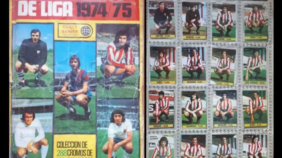 Álbum de cromos de la liga 1974-75, con la página del Gijón... entonces aún llamado Real Gijón, sin el Sporting recuperado en su nomenclatura.