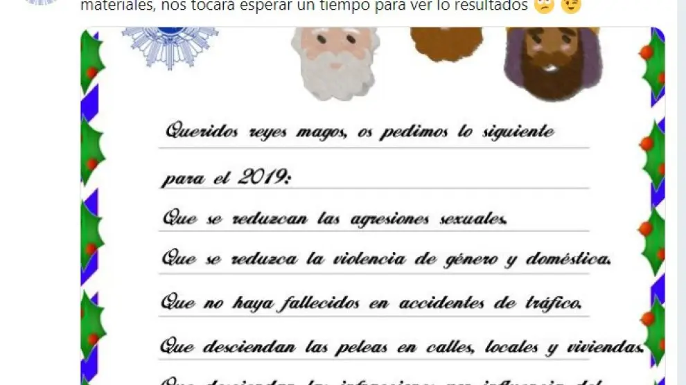 La carta de la Policía de Zaragoza a los Reyes Magos