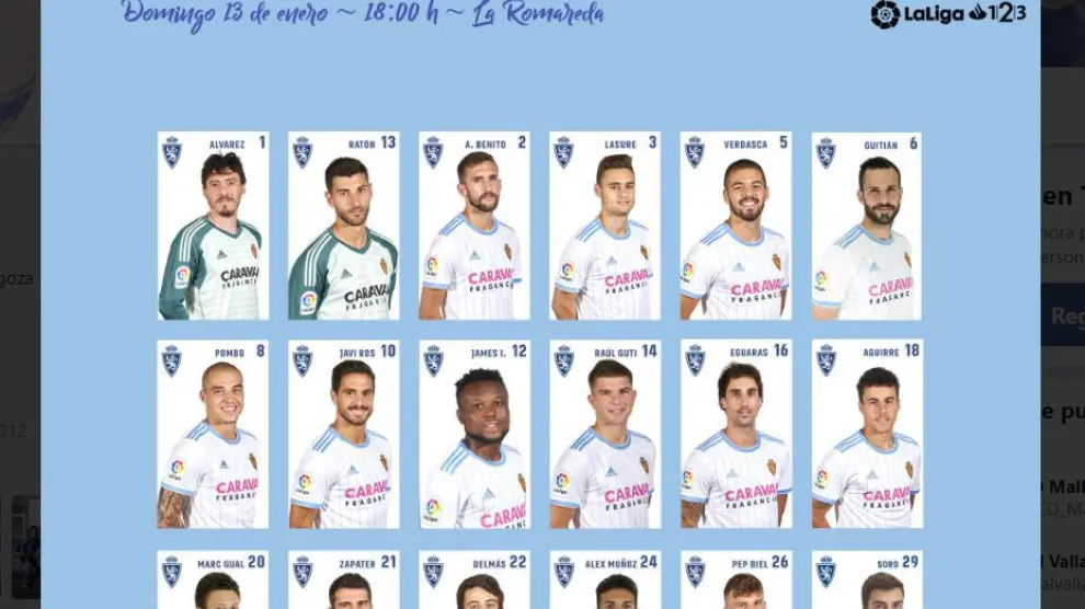 Lista de 18 convocados del Real Zaragoza para enfrentarse al Málaga.