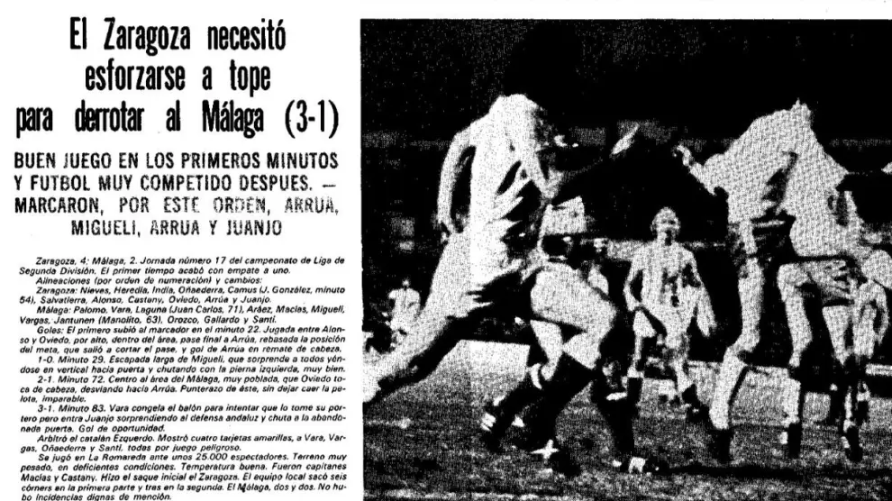Ficha técnica de la crónica de HERALDO DE ARAGÓN del Real Zaragoza-Málaga de 1977.