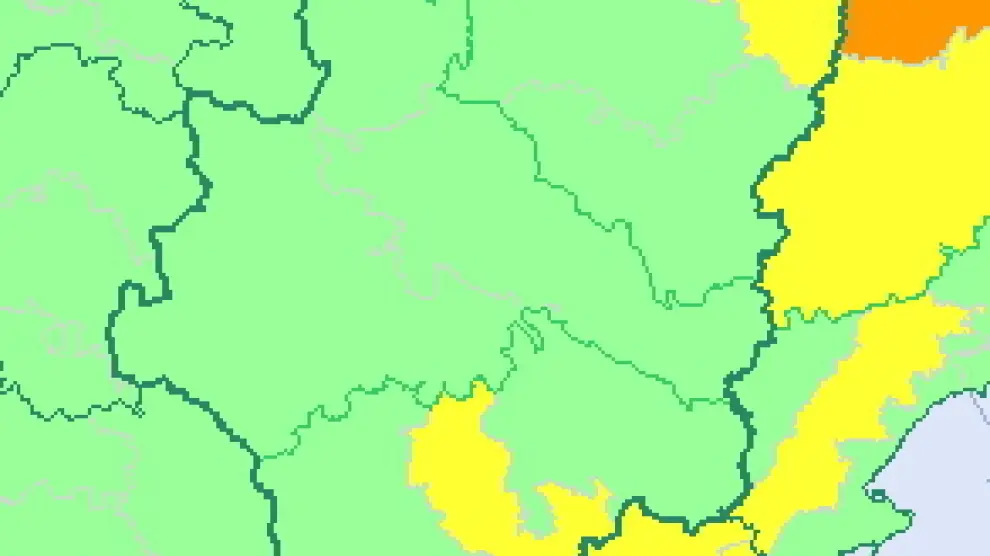 Mapa de Aragón con la alerta amarilla por aludes, nieve y viento en el Pirineo y zonas de Teruel