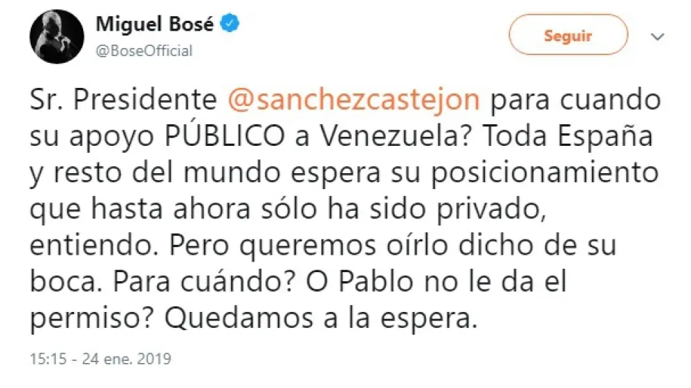 Mensaje de Miguel Bosé pidiendo a Sánchez que reconozca el gobierno de Guaidó en Venezuela.