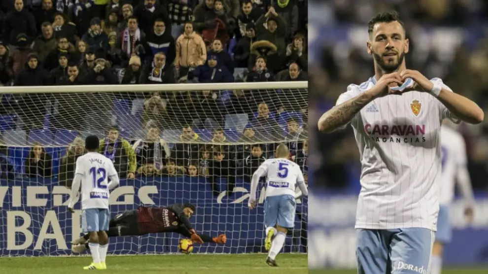 Cristian Álvarez (izda.) detiene el penalti lanzado por Alanis en el minuto 61 con 0-0. A la dcha., Álvaro Vázquez celebra la consecución del 1-0, en el minuto 75.