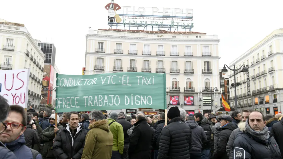 Manifestación de los taxistas en la Puerta del Sol.