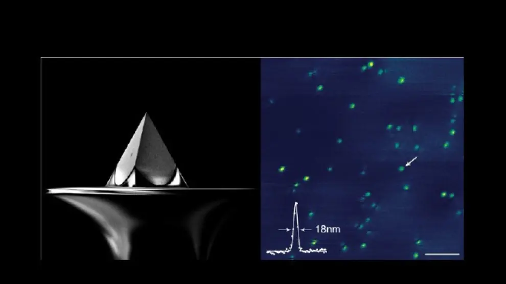 Con nanoestructuras como esta pirámide metálica (su punta tiene unos 10 nm de radio) es posible detectar moléculas aisladas (puntos brillantes de la derecha)