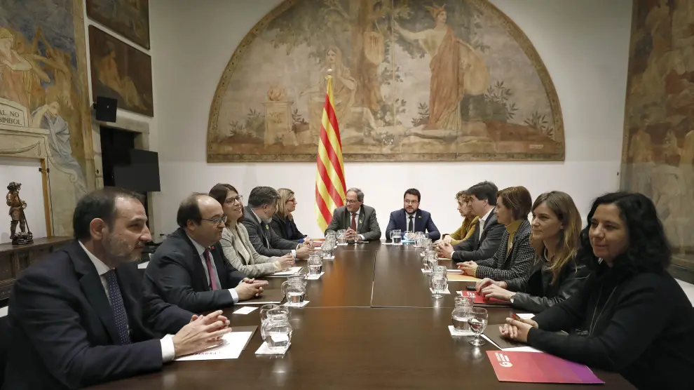 Mesa de diálogo del presidente de la Generalitat, Quim Torra, con representantes de JxCat, ERC, PSC-Units y Catalunya En Comú Podem.