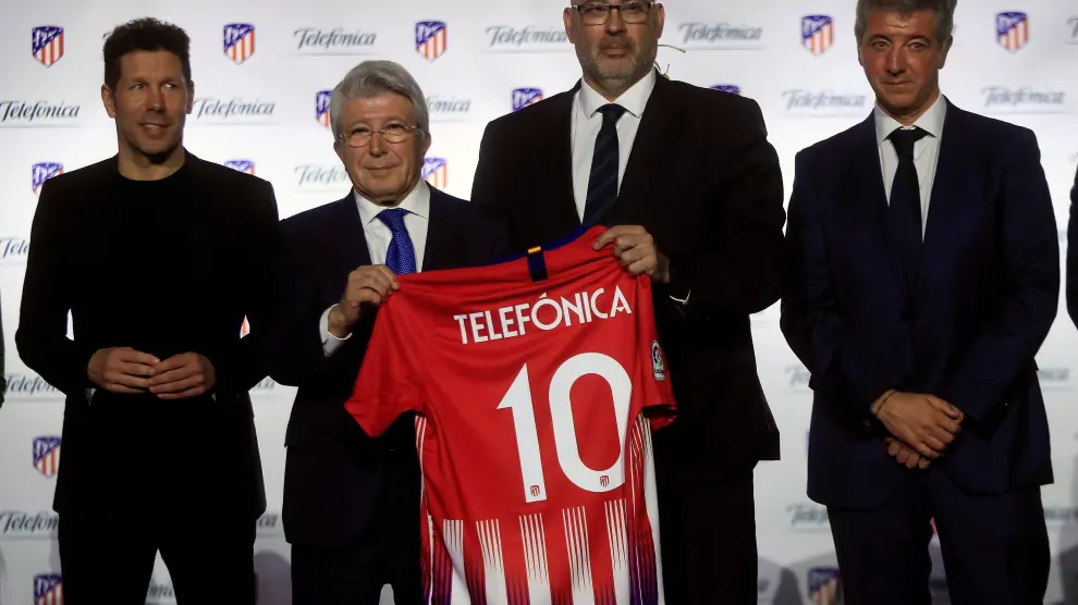 El entrenador rojiblanco, en la presentación de un acuerdo estratégico en materia de tecnología entre el Atlético y Telefónica.