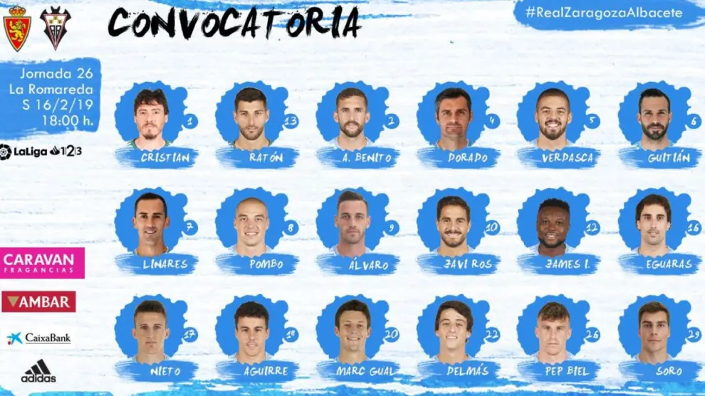 Lista de 18 convocados del Real Zaragoza para el partido de este sábado en La Romareda ante el Albacete.