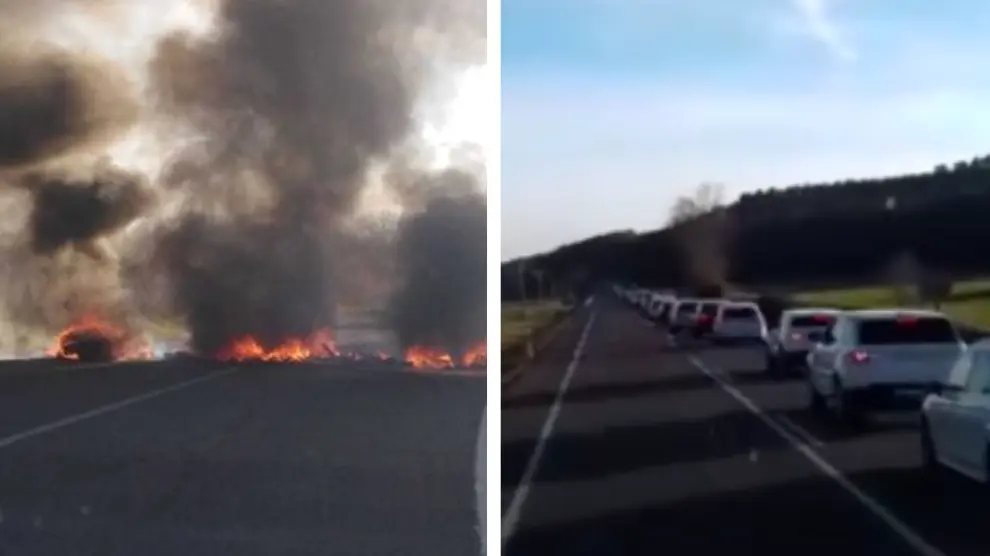 Los CDR queman neumáticos en la carretera A-1240 en Alcampell y causan un atasco kilométrico