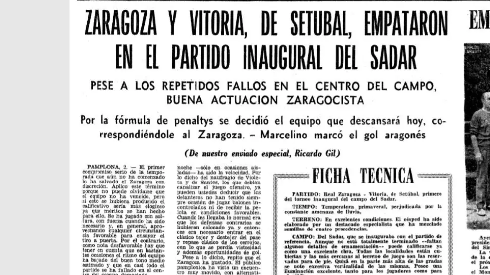 Encabezamiento de la crónica y ficha del Real Zaragoza-Vitoria Setúbal con el que se inauguró El Sadar, el estadio de Pamplona, en septiembre de 1967.