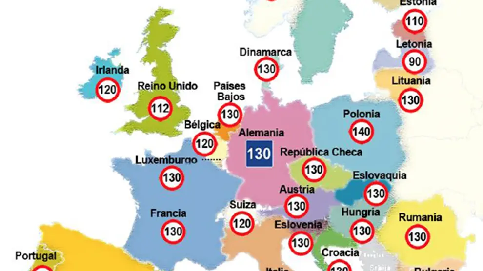 Mapa con los límites de velocidad en Europa