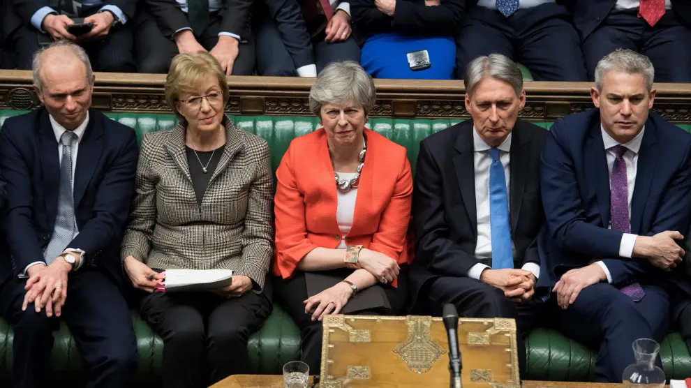 Britain's Prime Minister Theresa May reacts after the results of the vote on Brexit deal in Parliament in London, Britain, March 12, 2019. UK Parliament/Jessica Taylor/Handout via REUTERS ATTENTION EDITORS - THIS IMAGE HAS BEEN SUPPLIED BY A THIRD PARTY. [[[REUTERS VOCENTO]]] BRITAIN-EU/