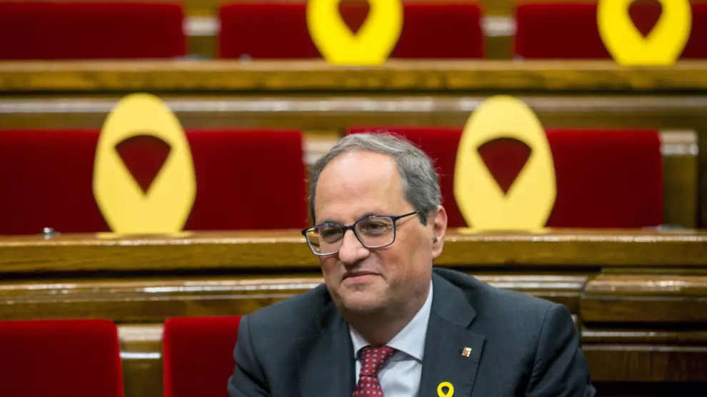 El presidente de la Generalitat, Quim Torra, poco antes de comenzar el pleno del Parlament este miércoles.