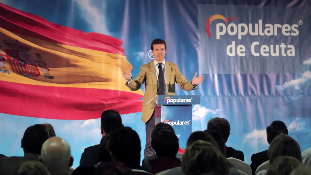 El presidente del Partido Popular, Pablo Casado, durante un acto de su partido efectuado en Ceuta. EFE/ Reduan PABLO CASADO EN CEUTA