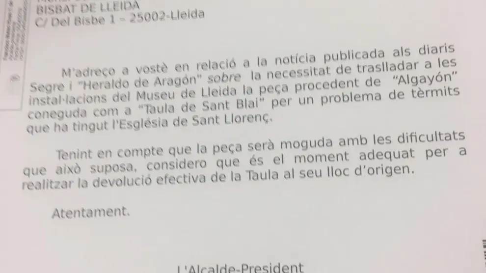 Carta que ha dirigido el alcalde al obispo de Lérida.