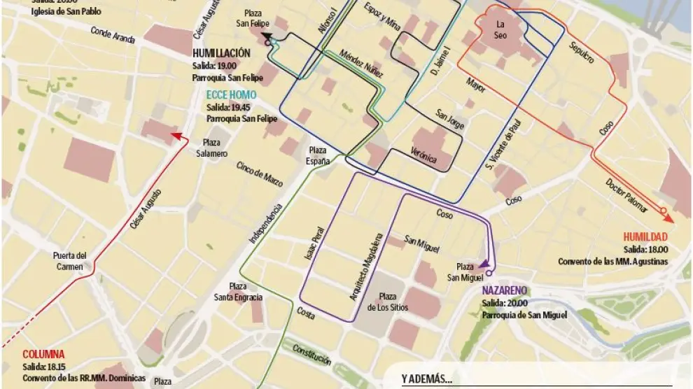 Mapa con los recorridos de las procesiones del Domingo Ramos en Zaragoza