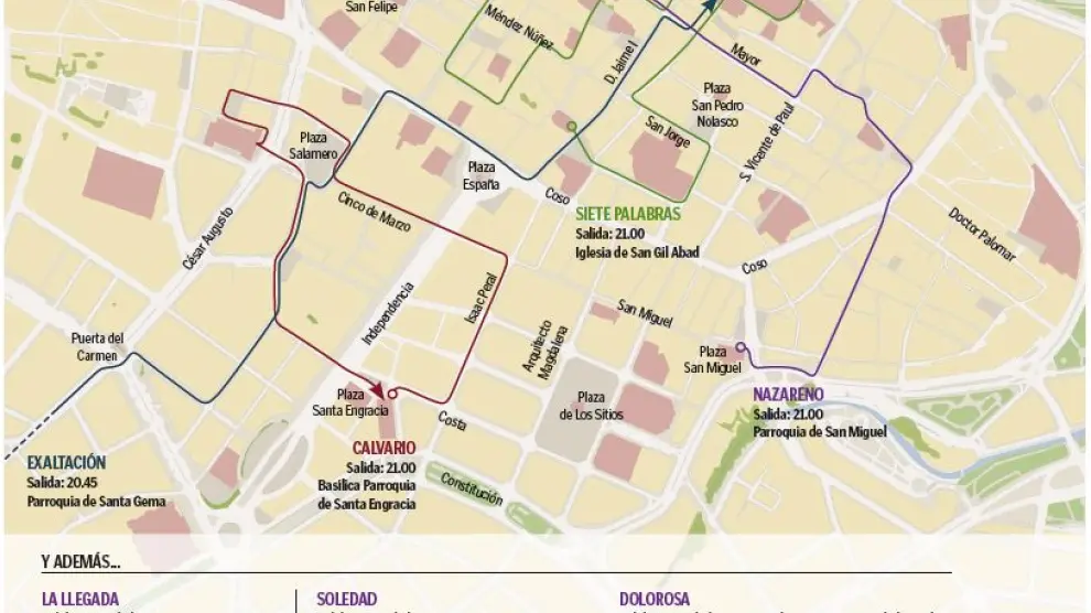 Mapa con el recorrido de las procesiones de Lunes Santo en Zaragoza