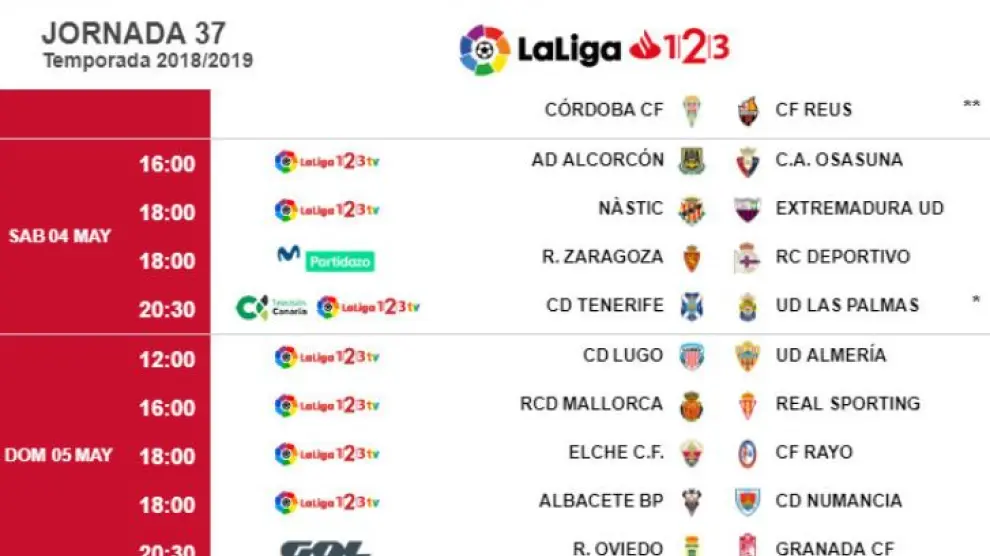 Fechas y horarios de la jornada 37ª de Segunda División, con el partido del Real Zaragoza ante el Dépor ubicado en sábado.