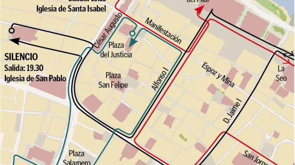 Mapa con el recorrido de las procesiones de Jueves Santo en Zaragoza