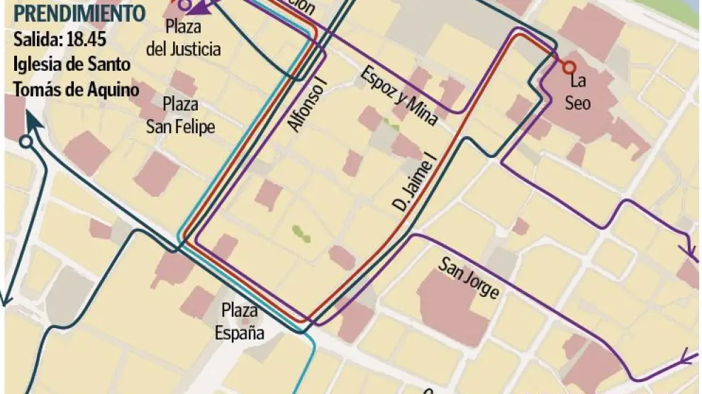 Mapa con el recorrido de las procesiones de Jueves Santo en Zaragoza