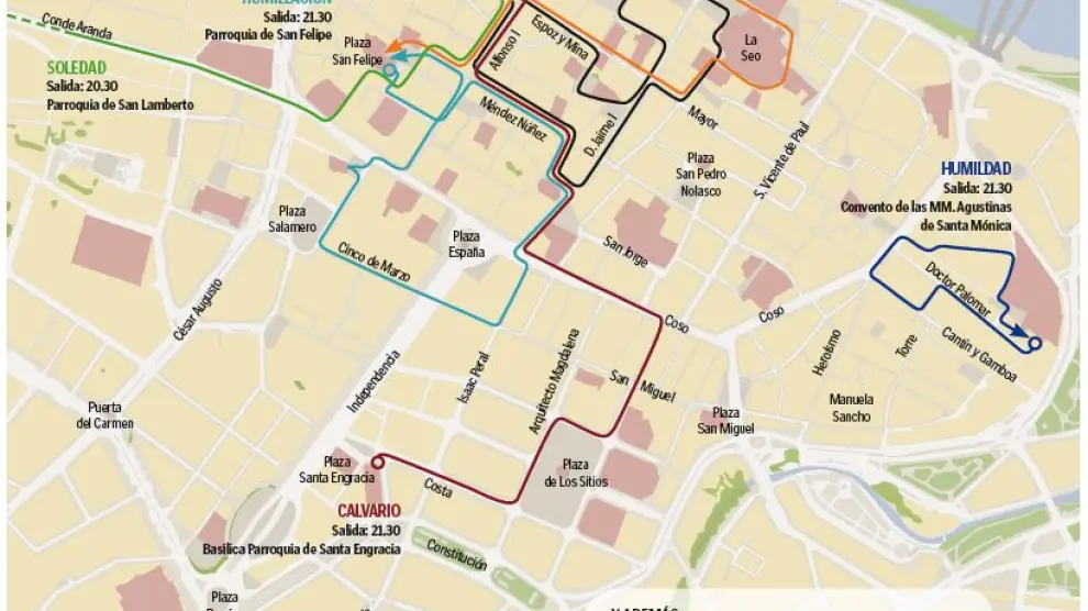Mapa con el recorrido de las procesiones de Miércoles Santo en Zaragoza