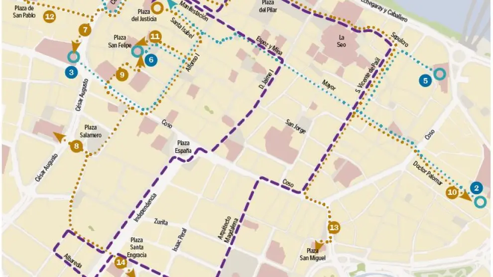 Mapa con el recorrido de las procesiones de Viernes Santo en Zaragoza