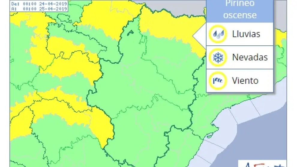 Mapa de avisos meteorológicos para el miércoles 24 de abril en el Pirineo oscense.