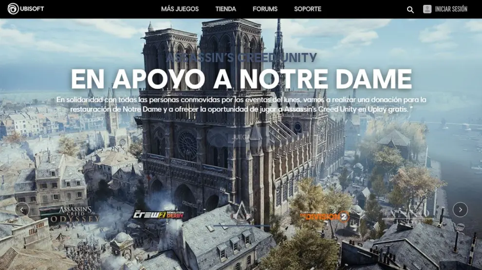 Ubisoft muestra su apoyo a Notre Dame permitiendo la descarga gratuita del videojuego.