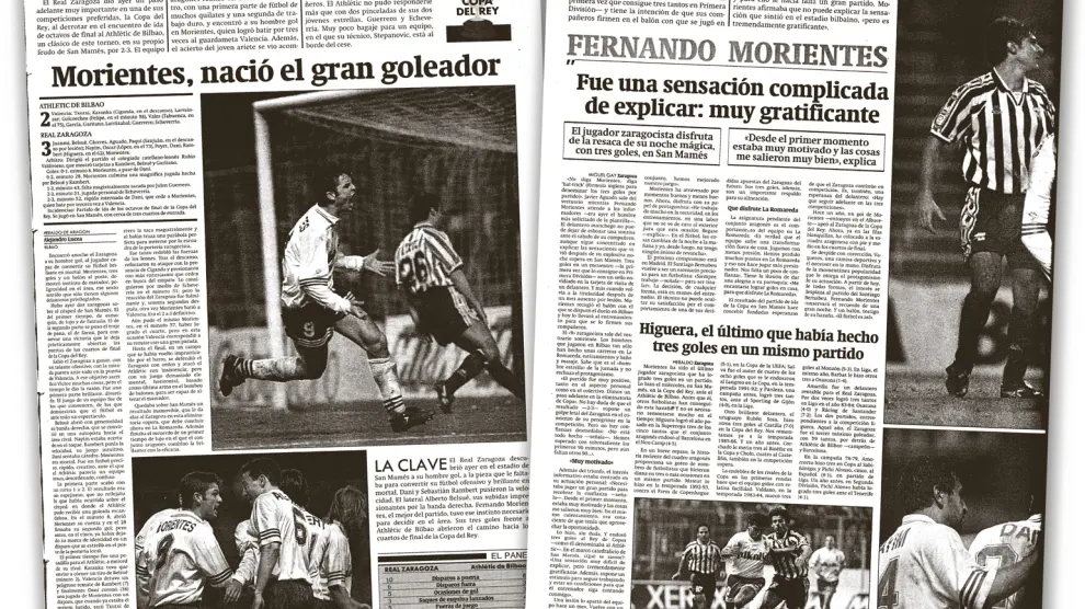 Páginas del HERALDO DE ARAGÓN con la crónica y las informaciones del 2-3 logrado por el Real Zaragoza en Bilbao en enero de 1996, con los 3 goles de Morientes en aquel partido de Copa.