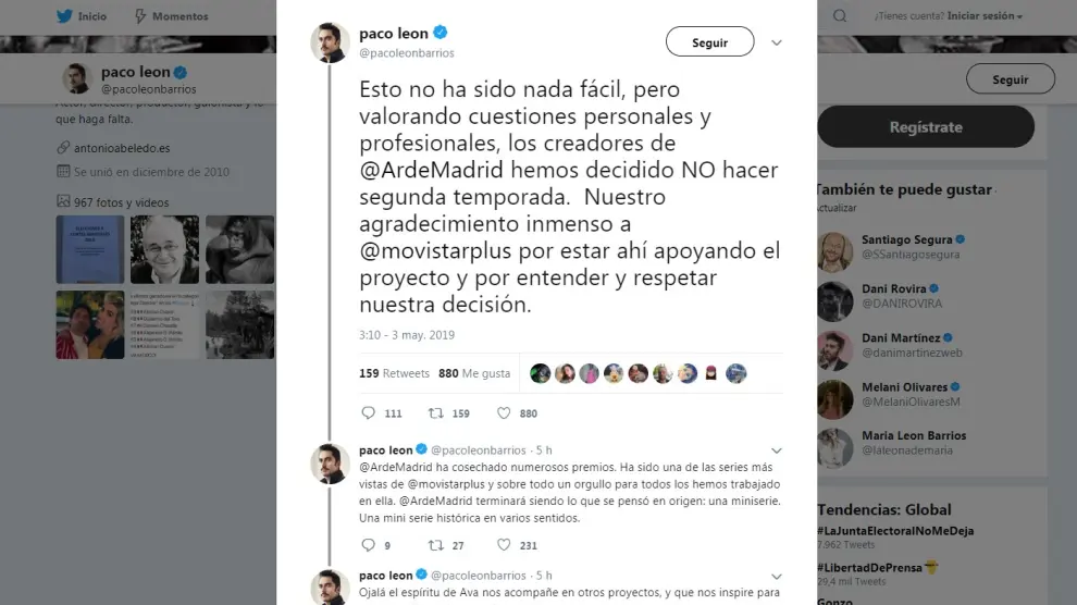 Paco León anuncia en Twitter que no habrá segunda temporada de la serie de Movistar+ 'Arte Madrid'.