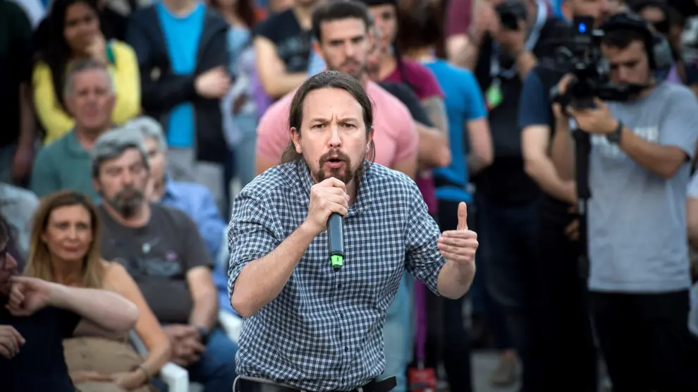 Pablo Iglesias durante el acto electoral en el parque de la Bombilla.